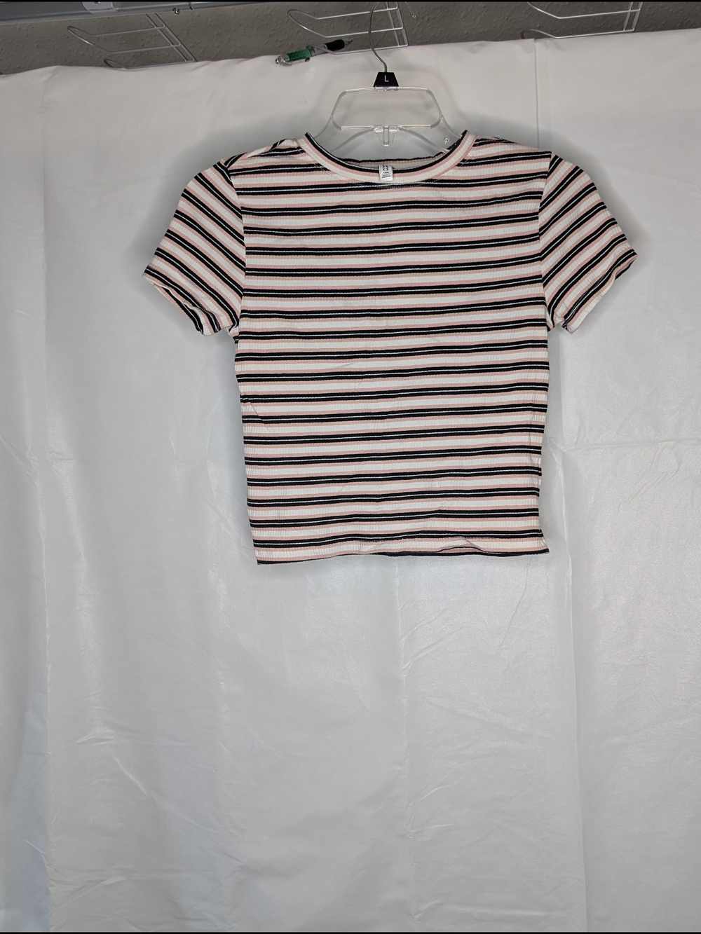 Divided Pink, Black & White Striped Short Sleeve Crop Top